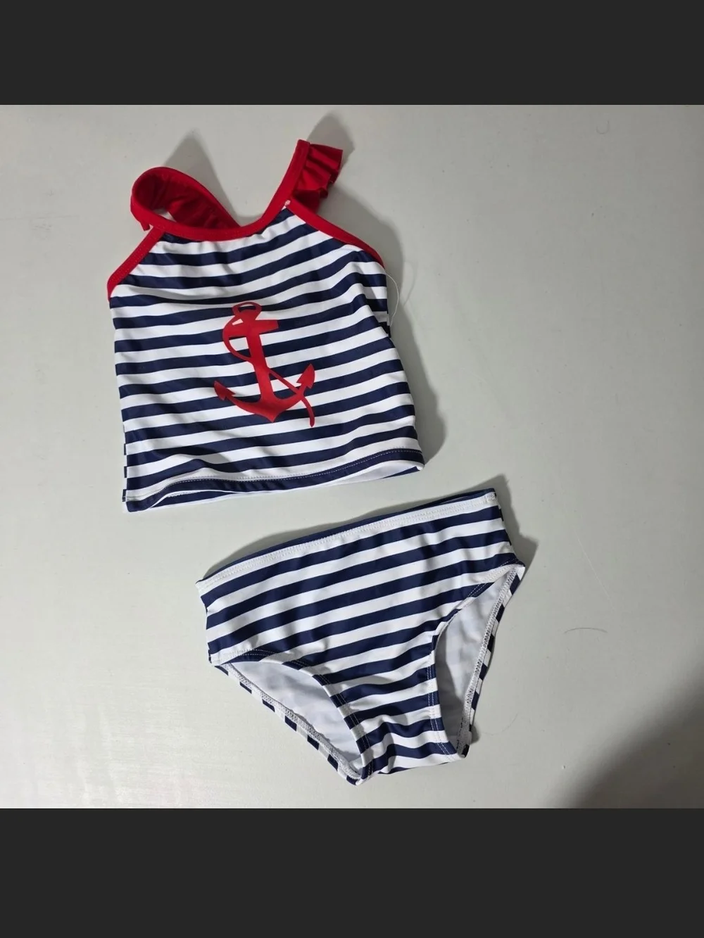 Wonderkids Navy Blue and White Striped Anchor Bikini with Red Trim